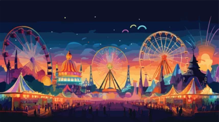 Foto op Canvas Flat vector scene A bustling amusement park with ro © iclute