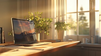 Laptop computer on desk in bright sunny room