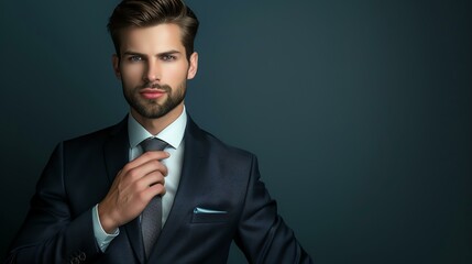 A handsome young professional in a suit and tie poses confidently against a dark blue background.