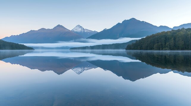 This is a beautiful landscape photo of a mountain lake. The water is calm and still, and the mountains are reflected in the water.
