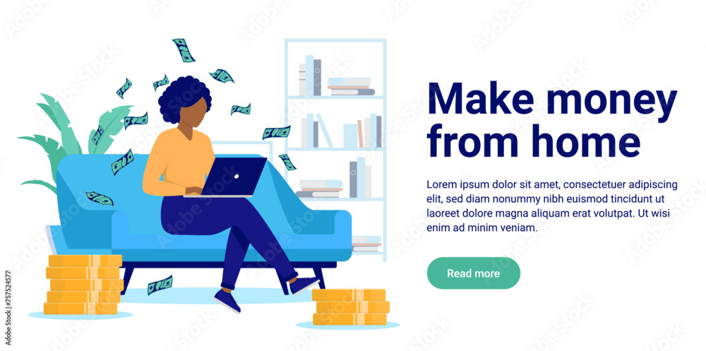 Leinwandbilder Make money online from home vector banner - Illustration of woman working on computer and money raining down in flat design with white background and copy space for text