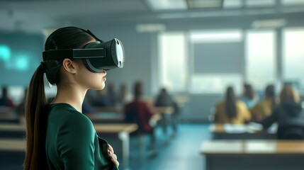 Thoughtful female student wearing virtual reality headset in classroom. Education and technology concept.