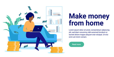 Make money online from home vector banner - Illustration of woman working on computer and money raining down in flat design with white background and copy space for text