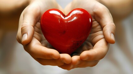 Tenderness. A heart of red glass in hands.