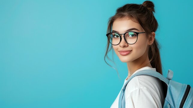 A beautiful young woman with long brown hair and blue eyes is wearing glasses, a white shirt, and a blue backpack.