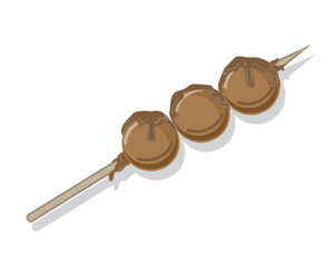 vector design of round shaped food with three sticks made from beef sprinkled with sauce or liquid seasoning on top and skewered using a small wooden stick