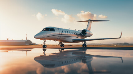 Private Jet is on runway. the air plane is parked at the port at sunset - obrazy, fototapety, plakaty