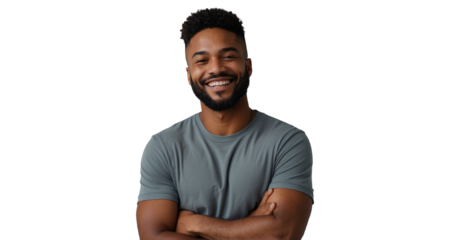Striking image of a young man radiating positivity, arms folded and smiling, set against a transparentwhite backdrop