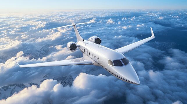 A sleek private jet soars through the sky above a stunning landscape of snow-capped mountains and fluffy white clouds.