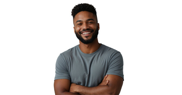 Striking image of a young man radiating positivity, arms folded and smiling, set against a transparentwhite backdrop