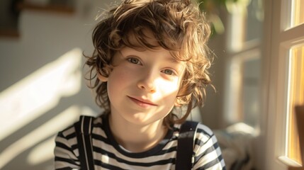 Thoughtful curly-haired boy looking at the camera with a gentle smile on his face. - obrazy, fototapety, plakaty
