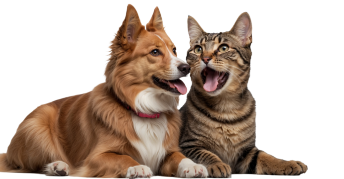 Smiling dog and cat captured in a delightful moment, both focused on the camera against a white background—embodying the amazing friendship shared by these pets
