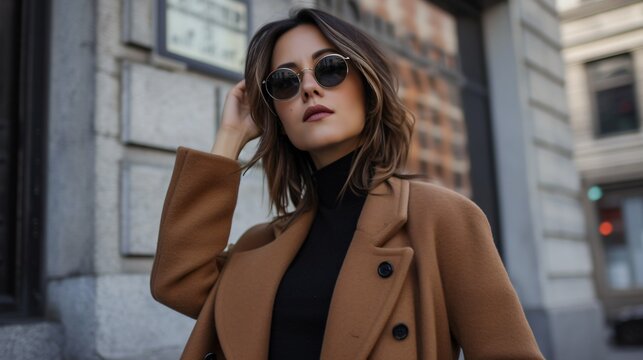 A young woman wearing a brown coat and sunglasses is standing in front of a building. She has brown hair and is looking at the camera.