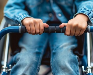 Close up shot of a childs hands gripping the wheelchair handles