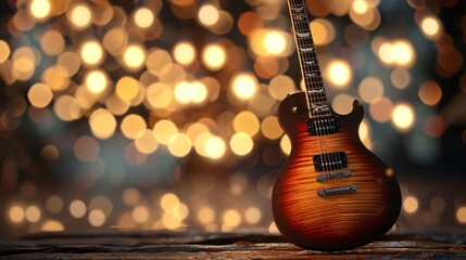 A beautiful sunburst Les Paul style electric guitar. The guitar is placed on a wooden surface with...