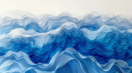 a painting of blue and white waves on a white background with a light blue sky in the middle of the picture.