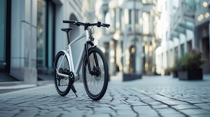 The image is of a white commuter bicycle. It is parked on a cobblestone street in an urban setting. The background is blurred.