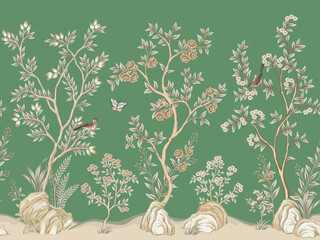 Vintage botanical garden floral tree, birds, butterfly, flower, plant seamless border green background. Exotic chinoiserie mural. - 757526129