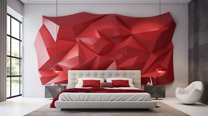 A sophisticated 3D wall design in the bedroom with ruby and white gradient panels, transitioning seamlessly to create a sense of depth and dimension in the space.