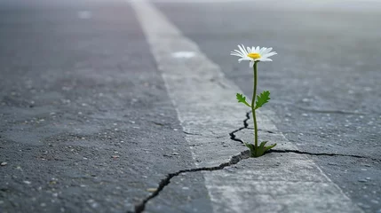 Zelfklevend Fotobehang prevailing against all odds concept with Daisy flower growing from crack in the asphalt © Boraryn