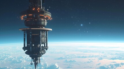 The image is a science fiction concept art of a space elevator. The elevator is a tall structure that extends from the surface of a planet into space.