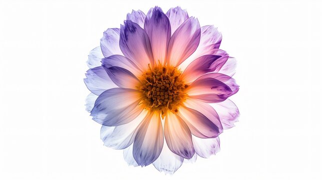 An up-close photograph of a purple dahlia flower in full bloom against a white background.