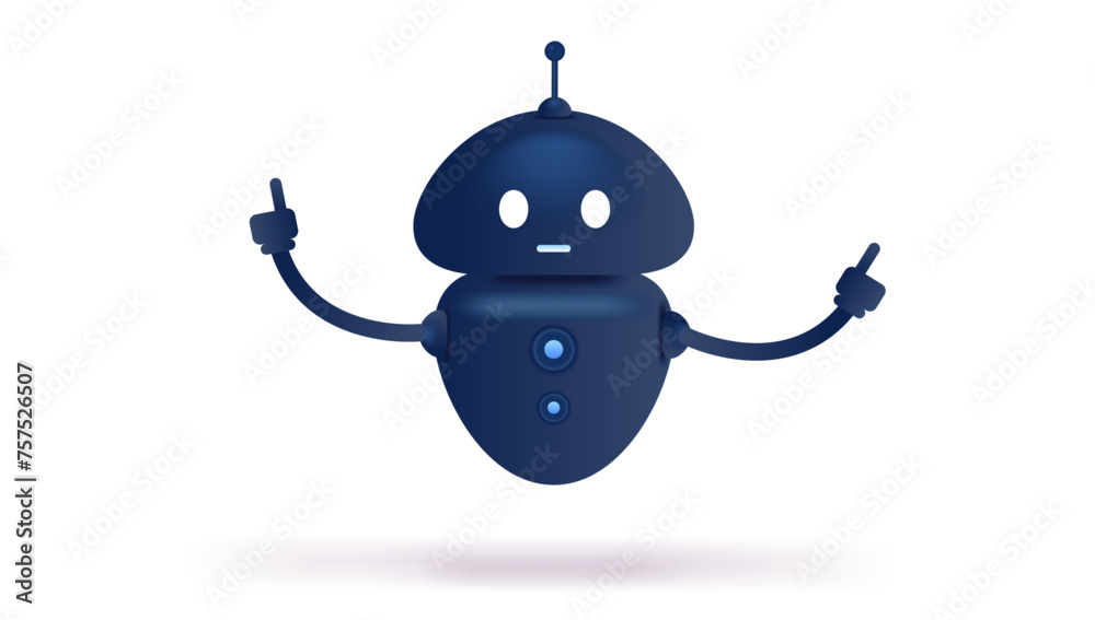 Poster Cute vector robot - Simple black and blue futuristic character pointing with robotic fingers hovering in air on white background