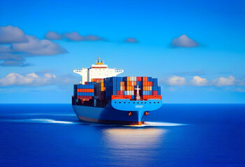 Front view of large blue merchant cargo ship in the middle of the ocean.