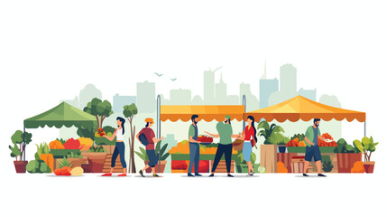 Flat vector scene A bustling farmers market with st