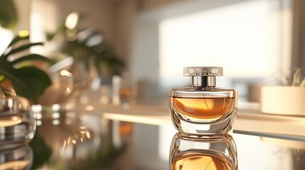 Close-up of a transparent perfume bottle with a golden cap on a mirrored surface against a blurred...