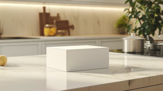White box on the kitchen counter. There is a lemon and a plant in the background. The background is blurred, and the box is in focus.