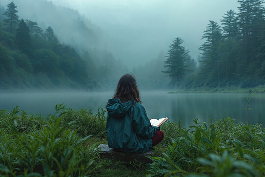 Serene lakeside reading in the misty wilderness. Generative AI image