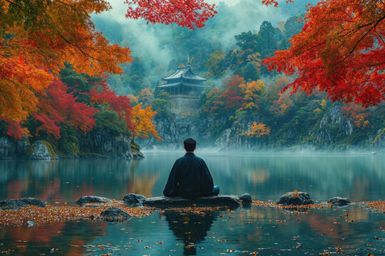 Serene Autumn Meditation by a Traditional Pagoda Lake. Generative AI image