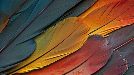 Colorful parrot feathers close up. Red, yellow, green and blue. Detailed texture of exotic bird plumage.