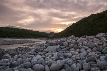 Panoramic view of the Caucasus mountains on sunset