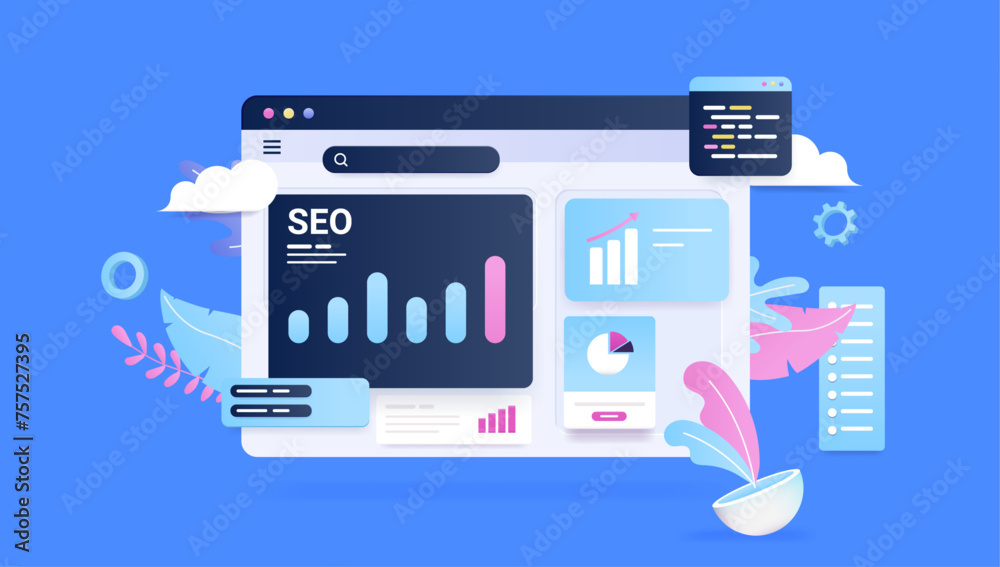 Poster seo analytics screen - abstract decorative cartoon style vector illustration of browser window with 