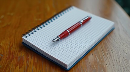 a red pen sitting on top of a notebook on top of a wooden table next to a cup of coffee.