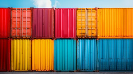 A row of colorful shipping containers in a variety of colors, including red, orange, yellow, green, blue, and purple.