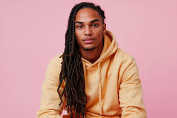 Confident young african american man with dreadlocks on pink background. Generative AI image
