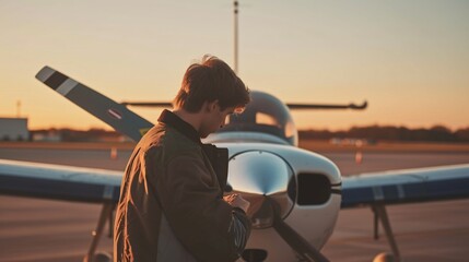 A young male pilot in a brown jacket stands in front of a small private airplane, checking the...