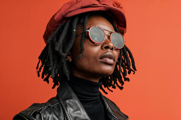 Trendy black woman with sunglasses and red beret on orange background. Generative AI image