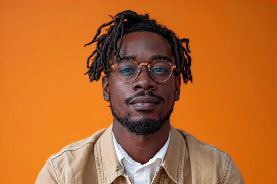 Confident young african man with glasses against orange background. Generative AI image