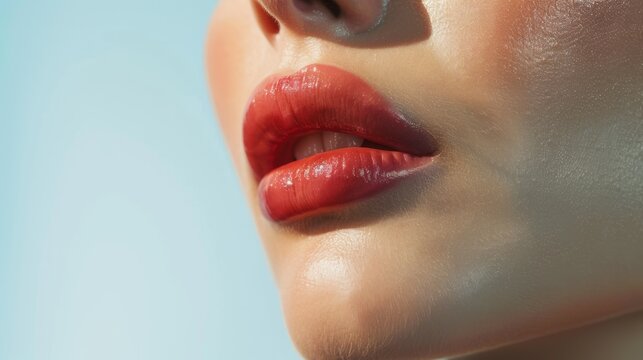 close-up, lips painted with gloss lipstick, concept of moisturizing caring lipstick or lip balm