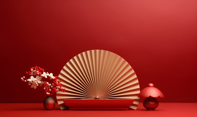 Golden Podium Display Mockup for Chinese New Year on Red Background, Generative AI