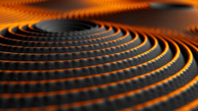 a close up of a black and orange object with a circular design on the bottom of the image and the center part of the object in the middle of the picture.