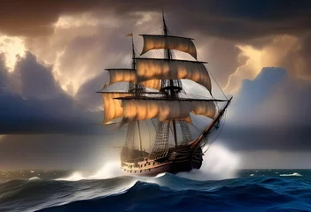 Papier Peint photo Navire Sailing old ship in a storm sea in the background stormy clouds with lightning