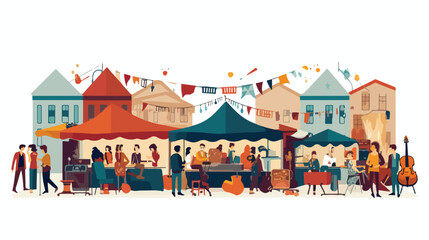 Flat vector scene A bustling street market with col