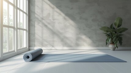 Blue yoga mat unrolled on a white wooden floor in a sunlit room. There is a potted plant in the corner of the room.