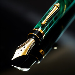 Naklejka premium close up of shining golden nib of green fountain pen сreated with Generative Ai