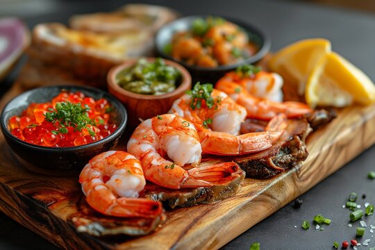 Seafood on a wooden board with seasonings